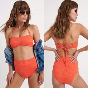Lucky Brand Women L Doheny Bikini Swimsuit Coral Orange High Waisted Halter NEW